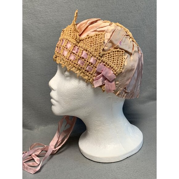 Vintage Pink Crochet & Silk Womens Bonnet with Ribbon Ties - Picture 2 of 16